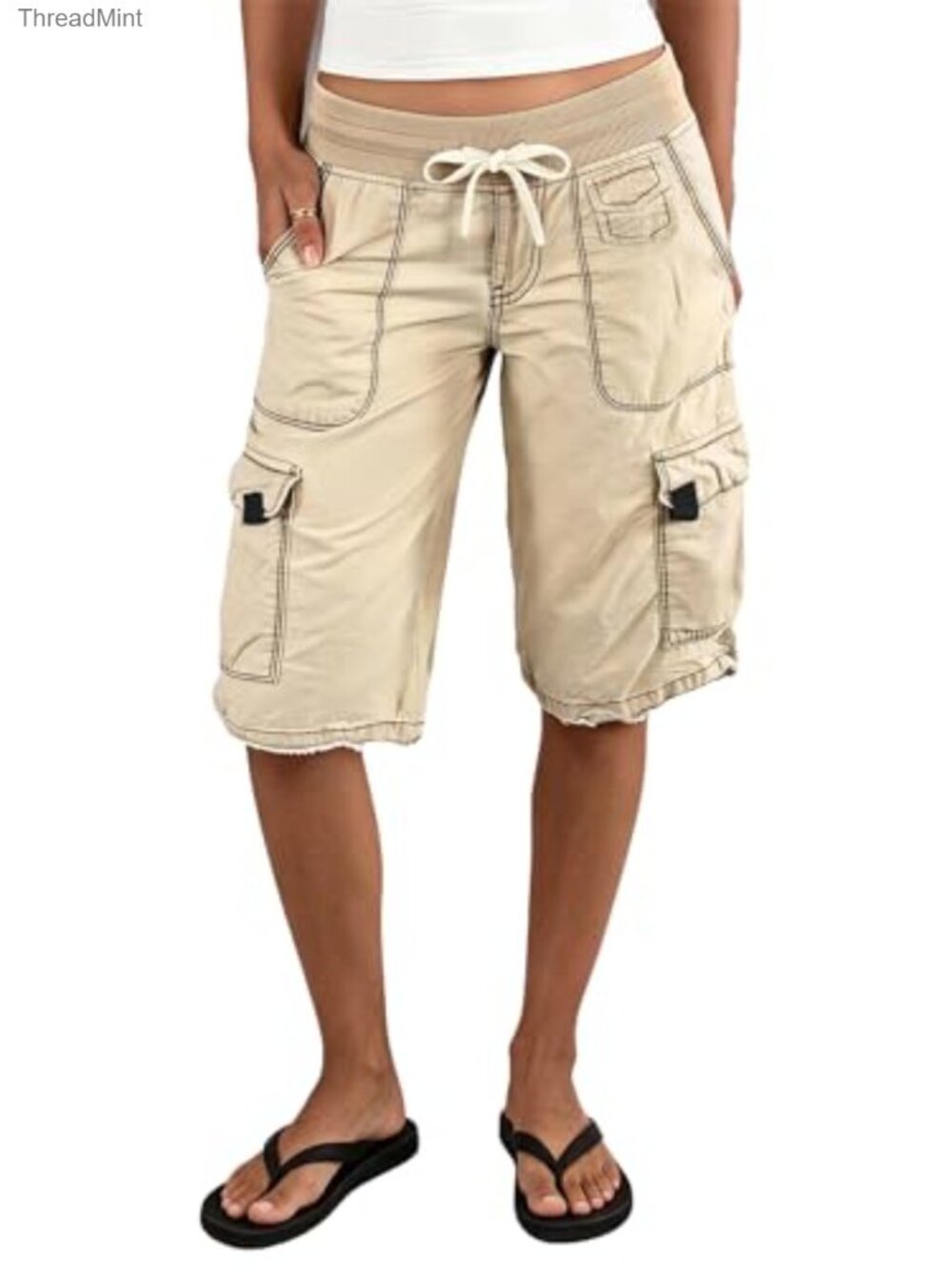 Women's Bermuda Cargo Shorts Mid-Rise Drawstring Elastic Waist Cotton Stretch